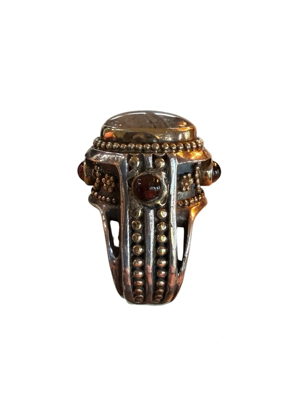 Sterling Silver and Brass Oval Labradorite and Garnet Cabochon Ring sz 6